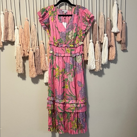 Current Air Dresses & Skirts - Anthropologie —Current Air Pink and Green Floral Midi Dress size xs NWT